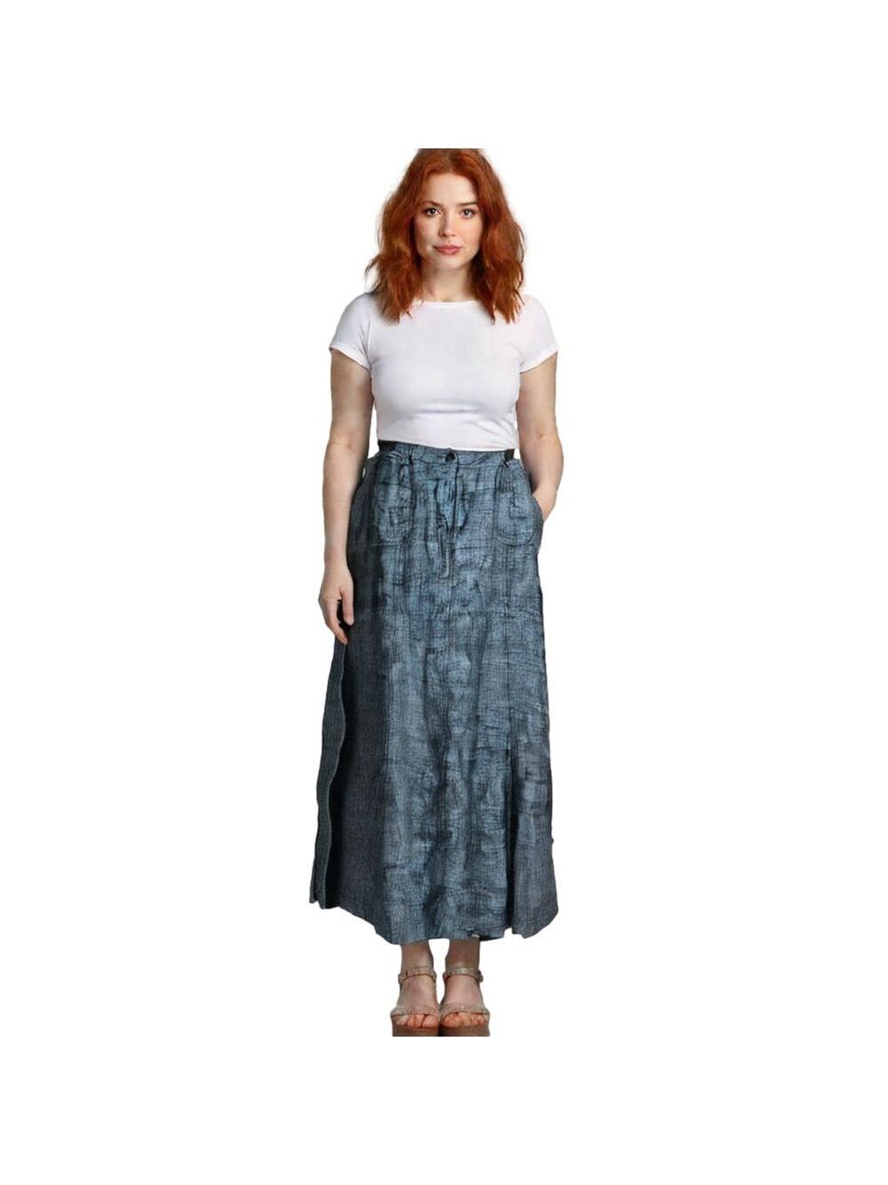 ecologie 100% Linen Maxi Skirt Navy Blue & White Woven Size 14